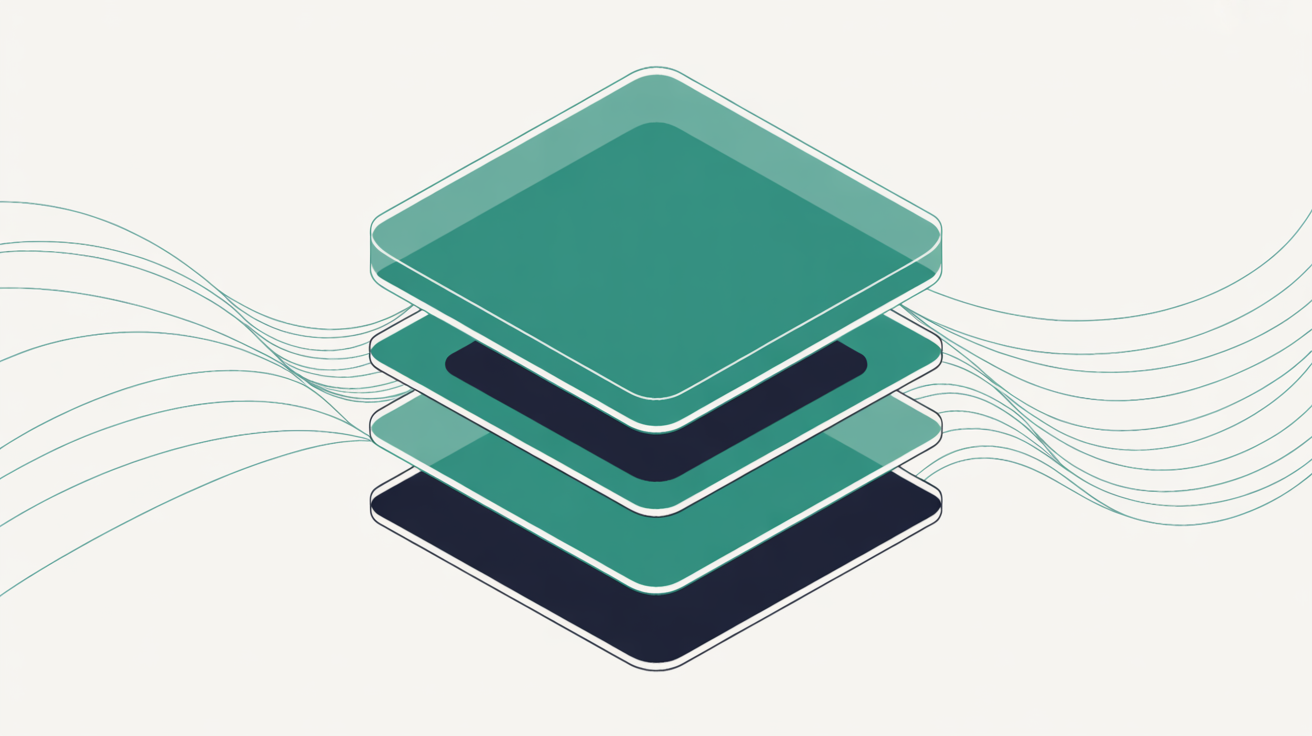 Stacked translucent panels in warm grey and teal showing isolated layers of a WordPress site, suggesting a copy-and-test workflow that keeps the live site untouched