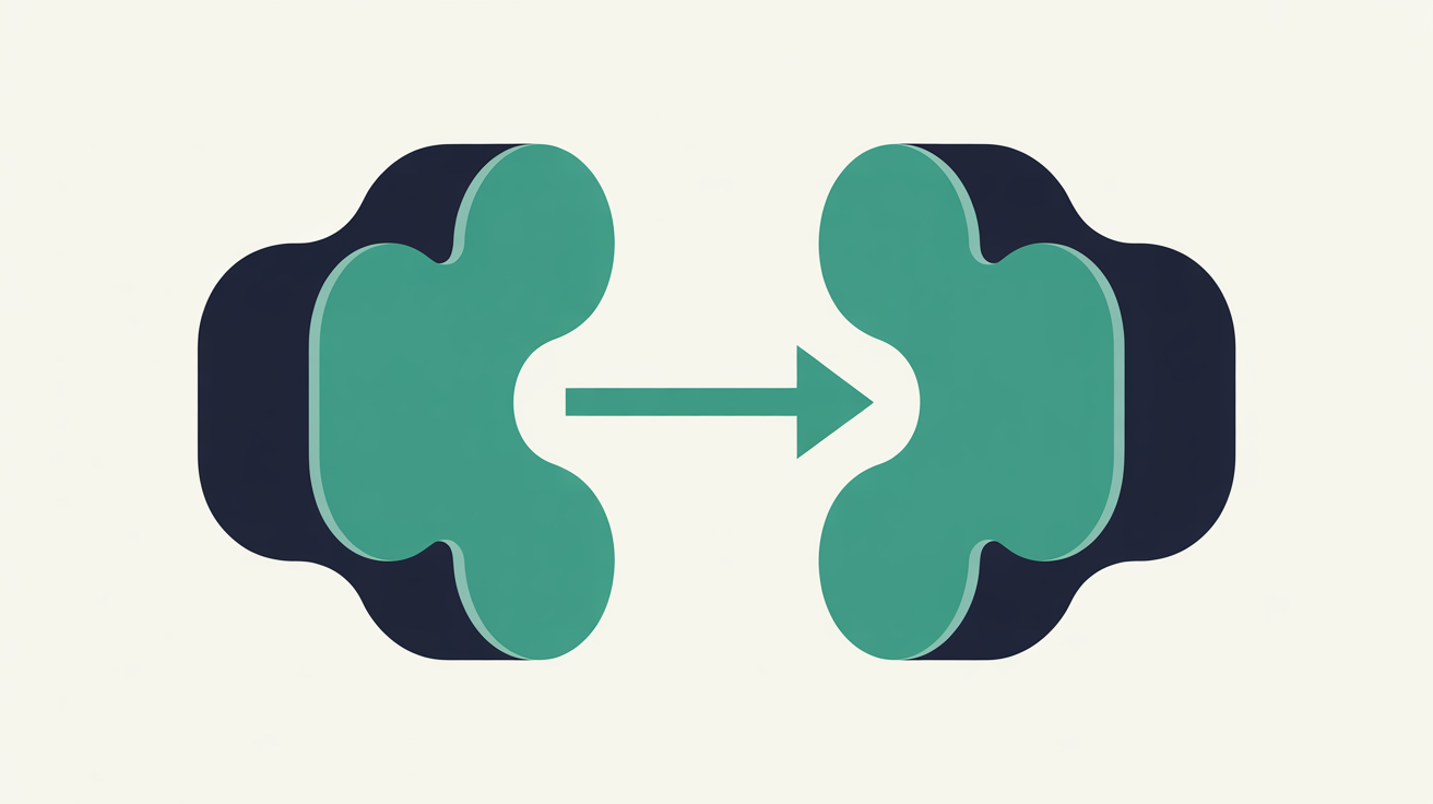 Two parallel abstract shapes representing staging and production environments, connected by a directional arrow, in teal on warm grey