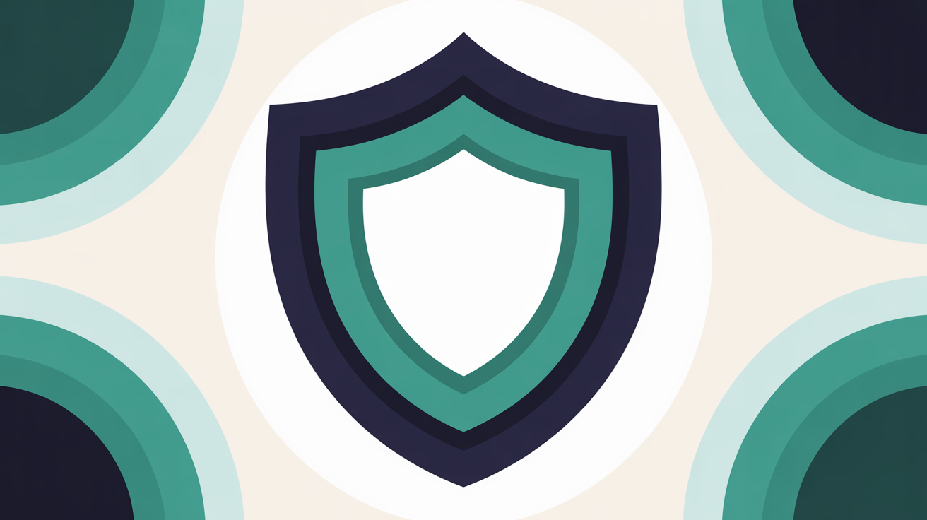 Abstract illustration of layered shield shapes representing backup and safety layers, in teal and navy on warm grey background