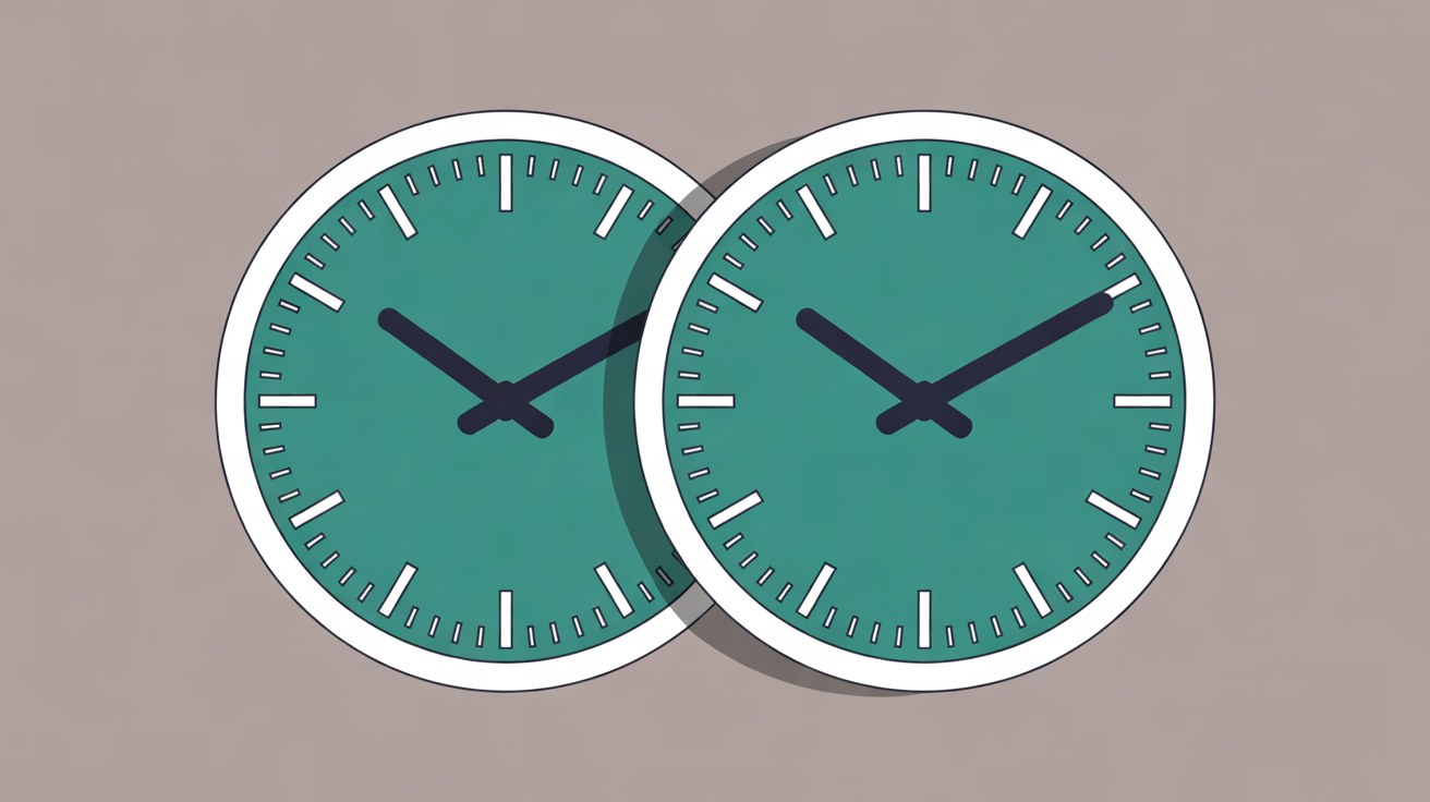 Two teal clock faces overlapping on a warm grey background, one slightly offset from the other