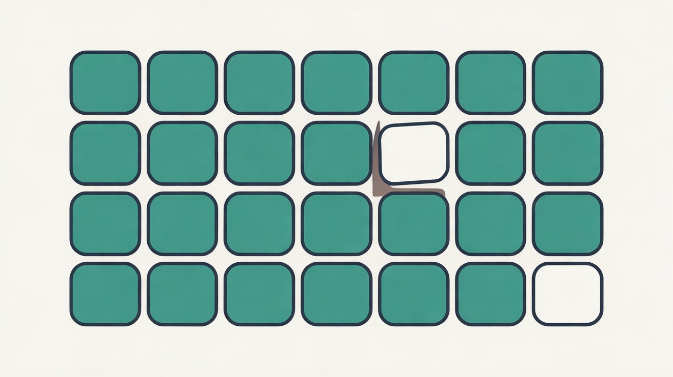 Grid of teal squares on an off-white background with one blank square nudged slightly out of line