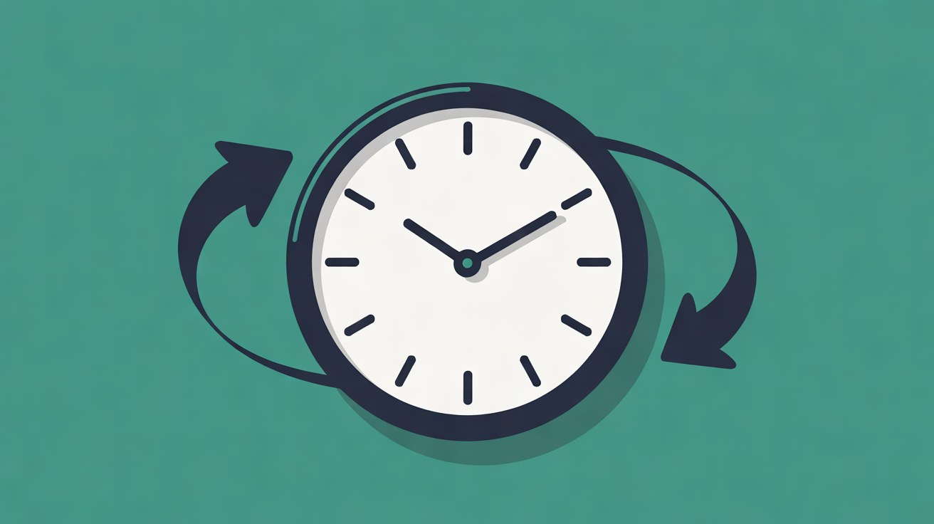 Flat illustration of a white clock face circled by two navy curved arrows on a teal background