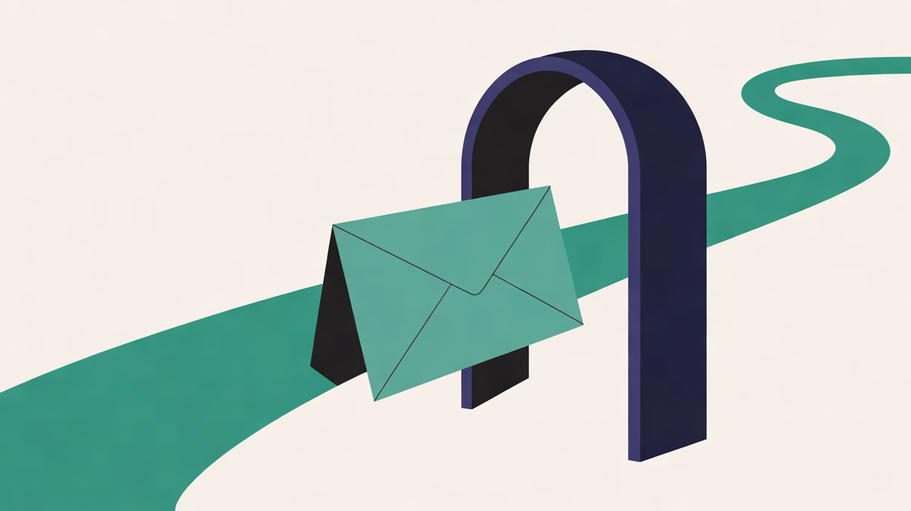 Flat illustration of a teal envelope stopped at a dark navy archway, with a winding teal path running behind it on an off-white background
