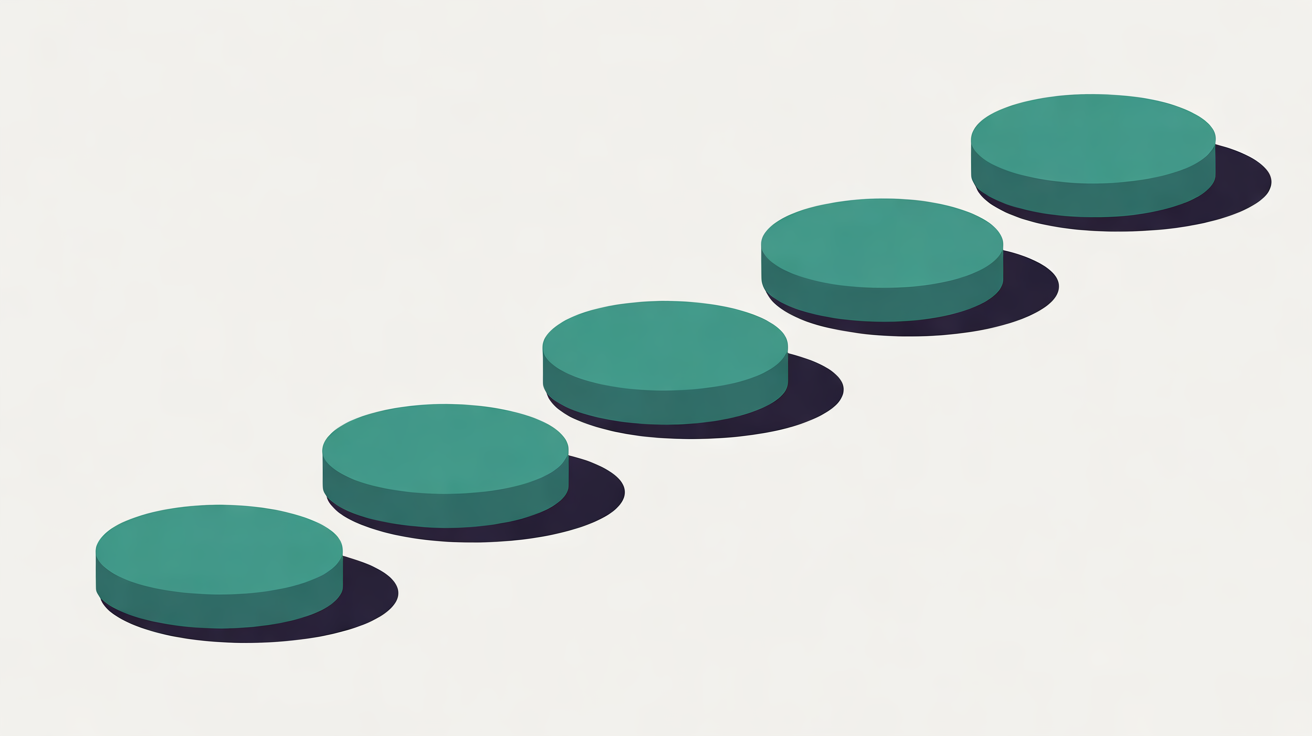 Flat illustration of five teal stepping stones rising diagonally from left to right across a pale grey background