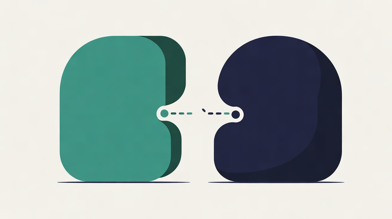 Flat illustration of a rounded teal shape and a rounded navy shape facing each other on an off-white background, joined by a dotted line with a gap in the middle