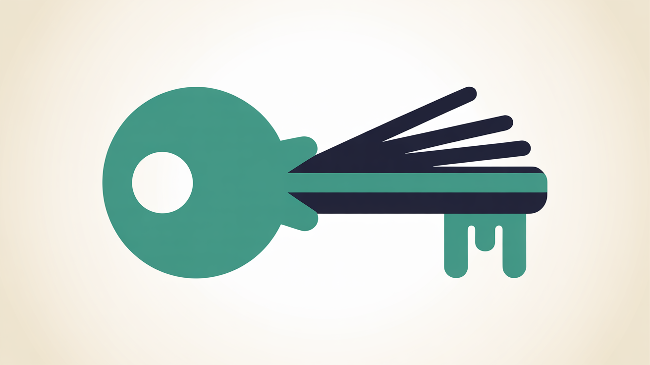 Abstract illustration of a single large teal key shape splitting into several smaller keys of decreasing size on an off-white background
