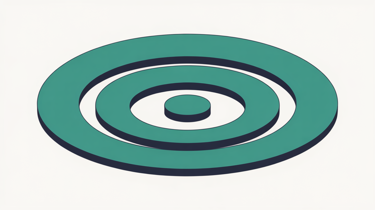 Abstract illustration of concentric teal rings forming protective layers around a single central node on a warm grey background