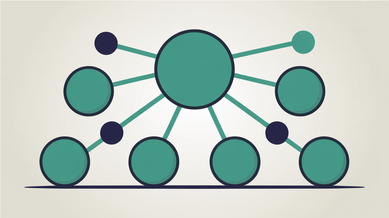 Abstract illustration of one central node connected by teal lines to smaller nodes of different sizes on a warm grey background, suggesting tiered levels of access