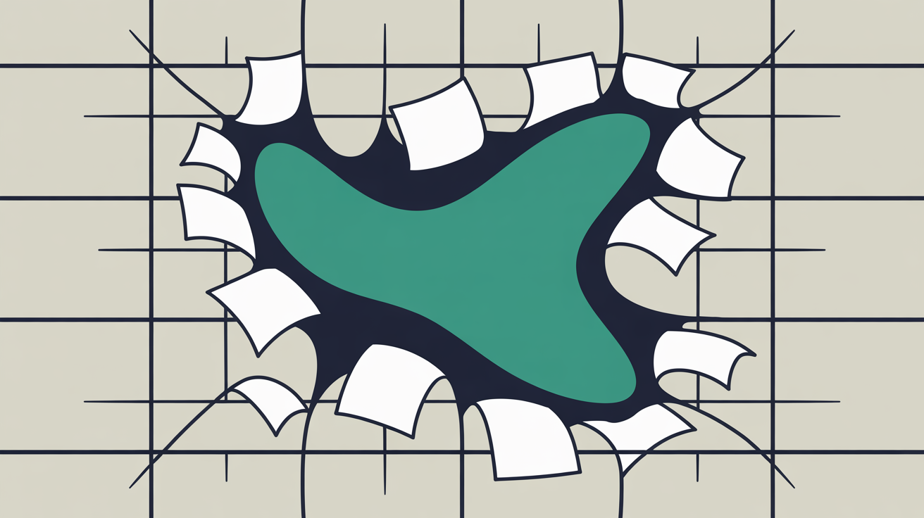 Flat illustration of a single shape breaking free from a contained grid, suggesting platform freedom and digital ownership