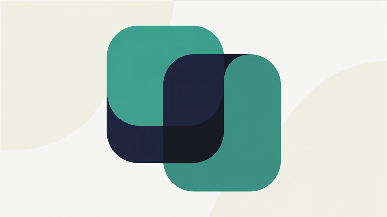 Two overlapping rounded squares in teal and deep navy on a warm off-white background, one layered across the other