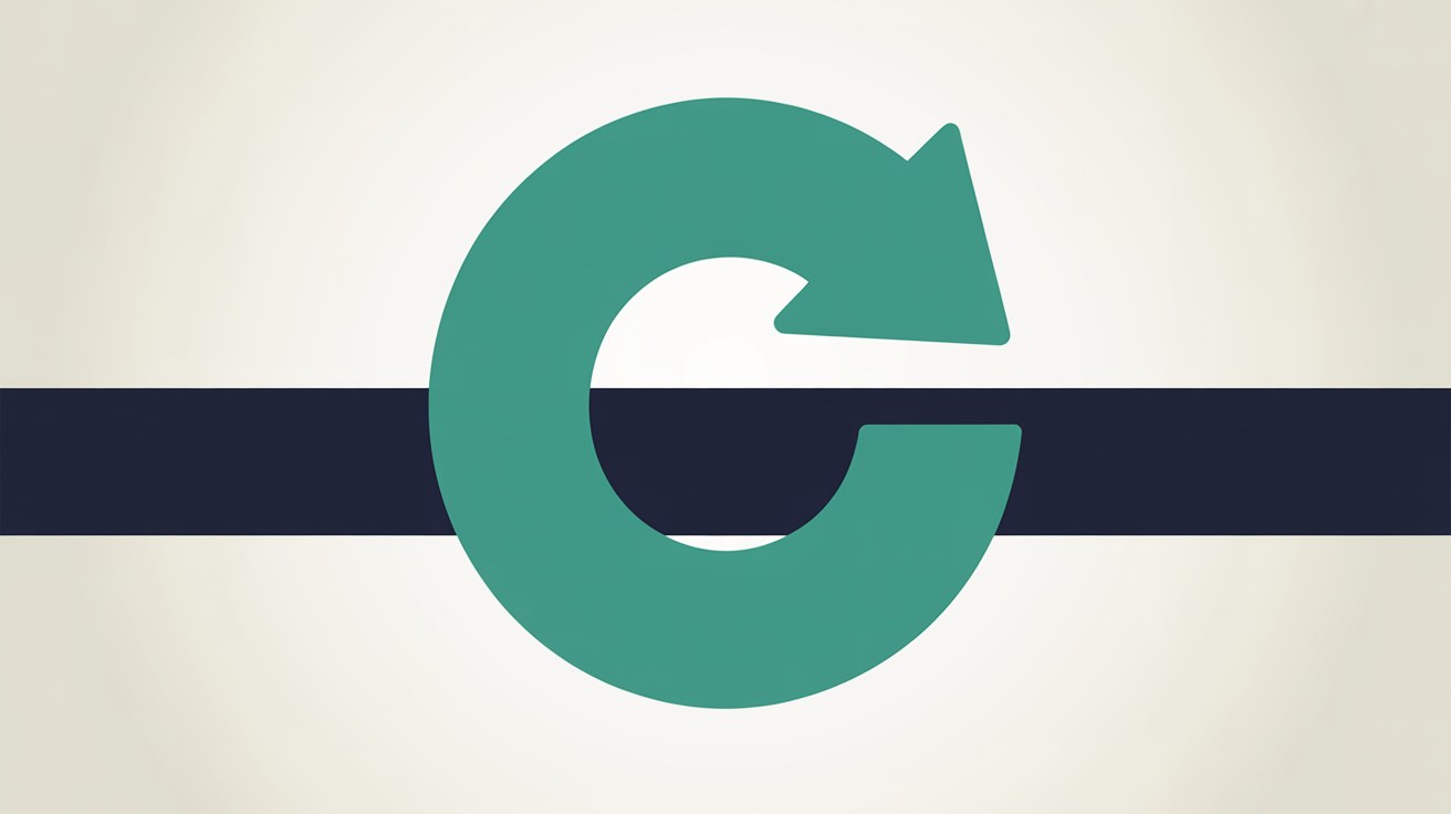 A thick teal circular arrow looping back on itself, crossing a horizontal deep navy band on a warm off-white background