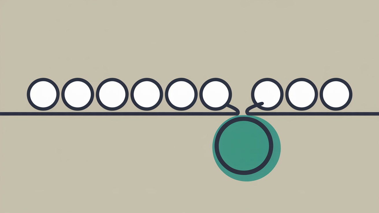 Flat illustration of a row of navy outlined circles resting on a horizontal line, with one teal circle dropped out of line below it
