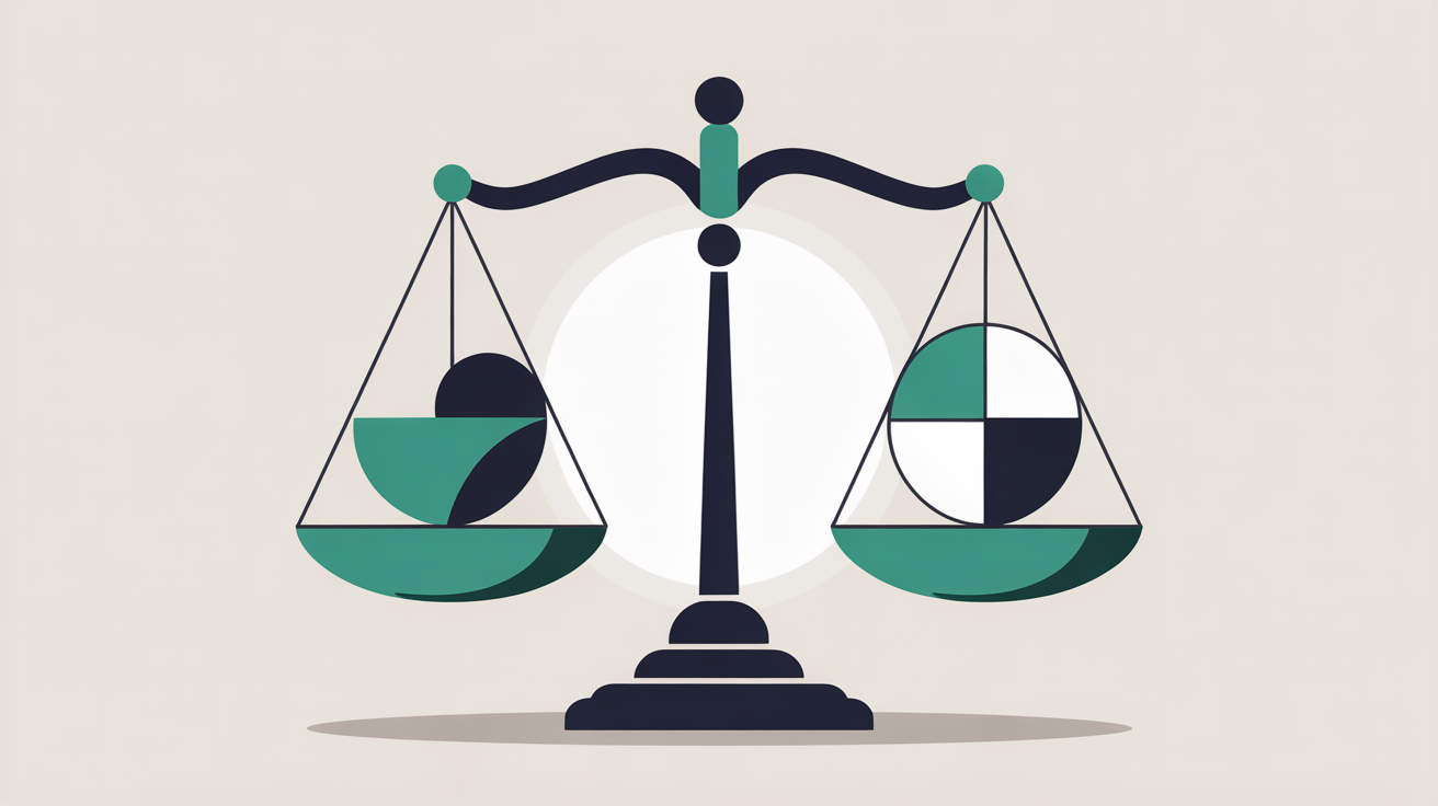 Abstract balance scale illustration in teal suggesting weighing two options against each other on a warm grey background