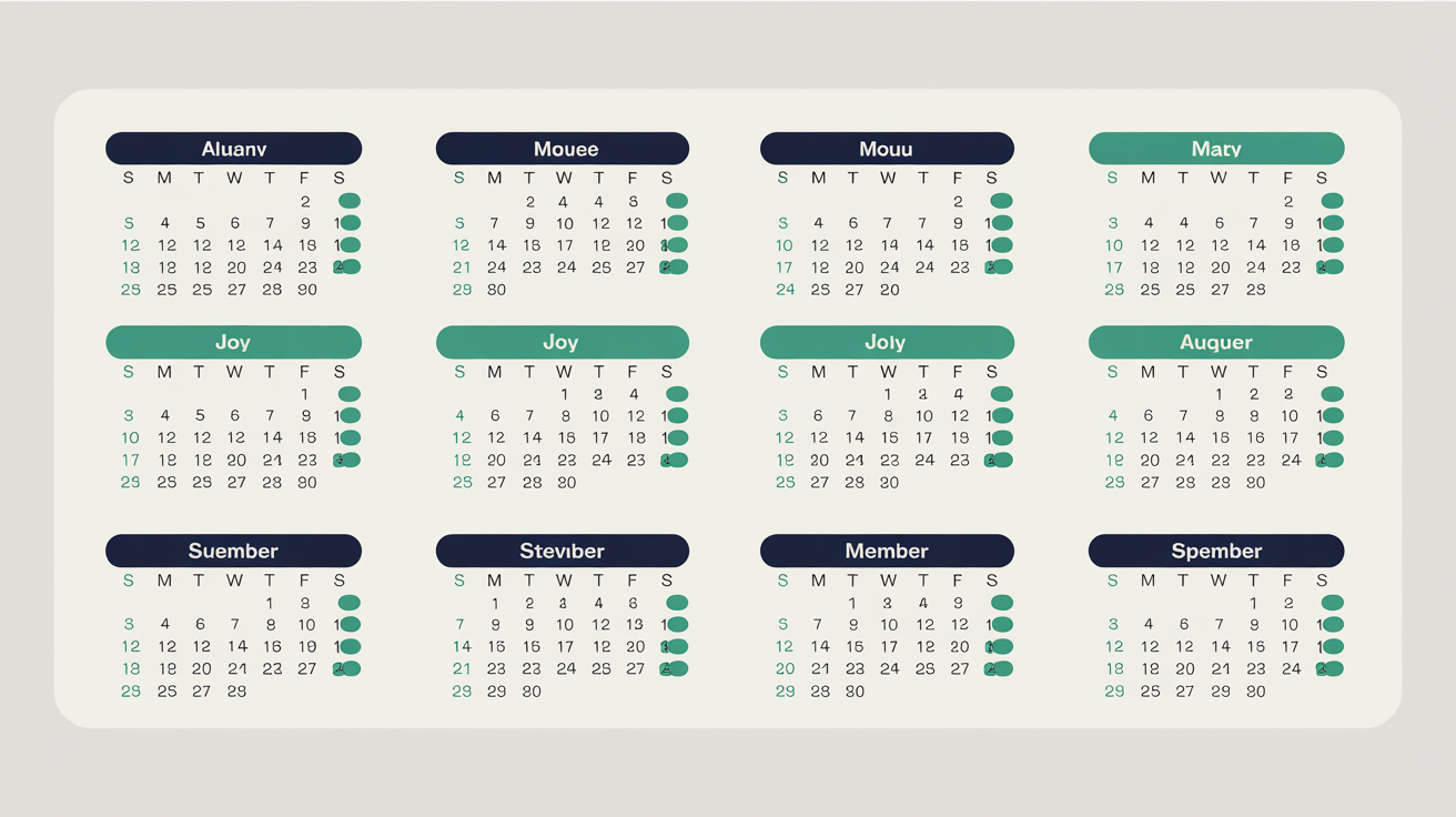 Flat illustration of a calendar grid with abstract teal markers across twelve months on a warm grey background, suggesting a year of activity