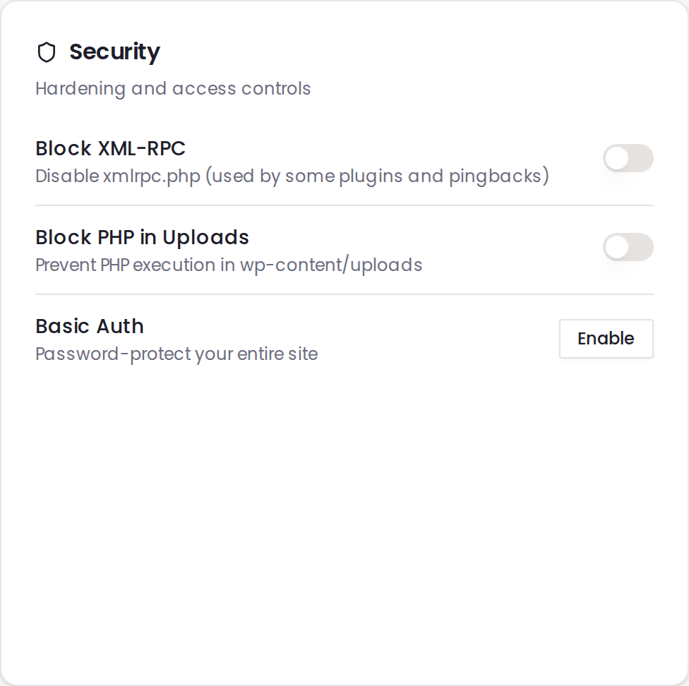 Security card in Advanced Settings