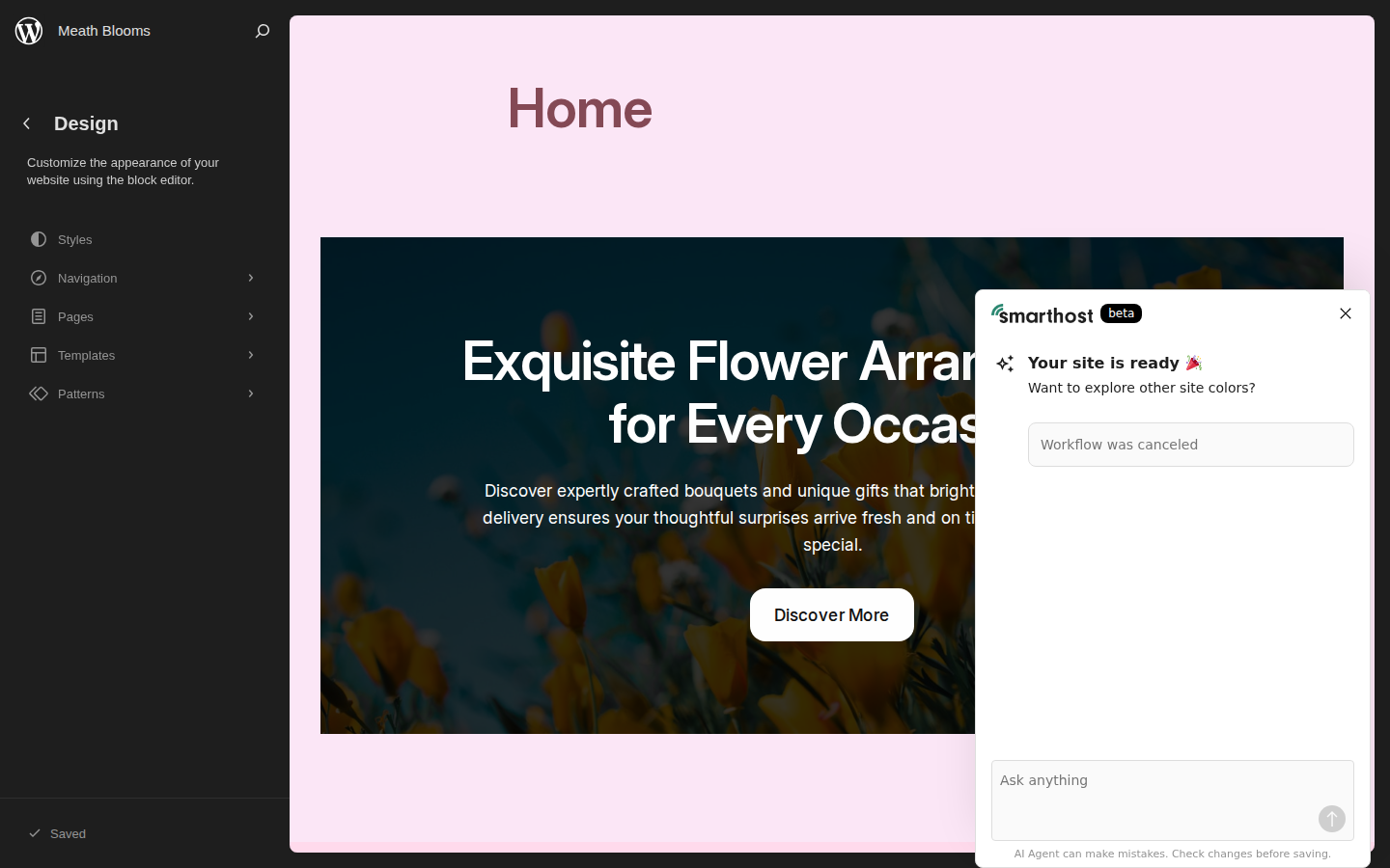 Colour palette options in the Web60 AI Site Builder