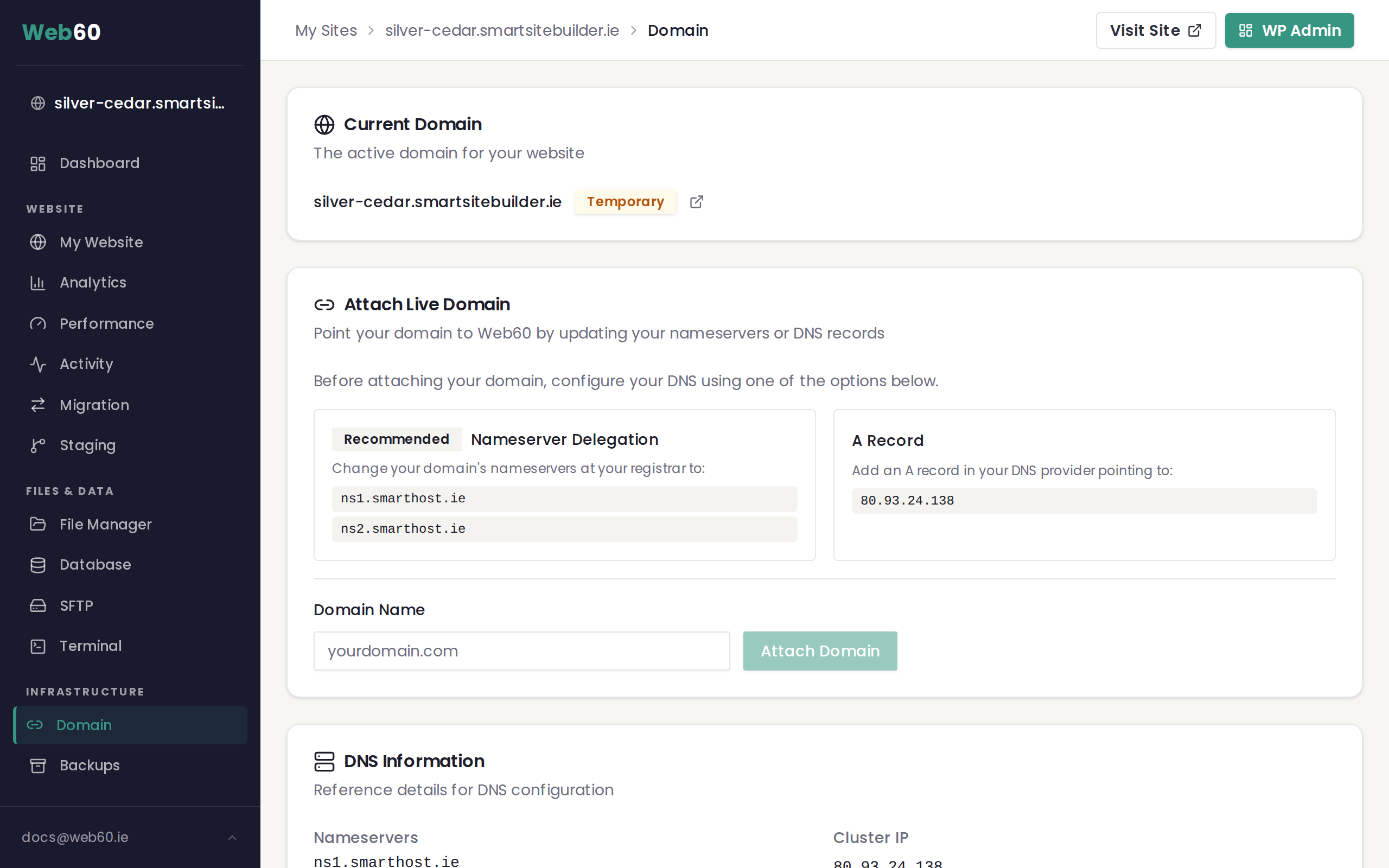 The Domain page showing your current domain status