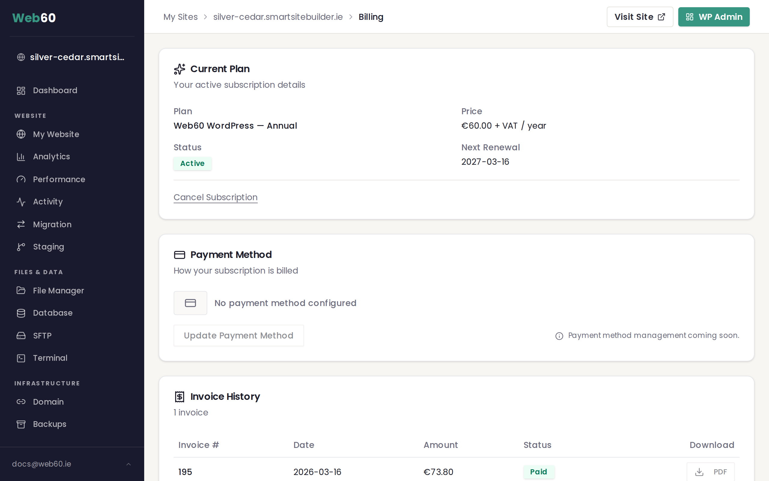 The Billing page showing your current plan details
