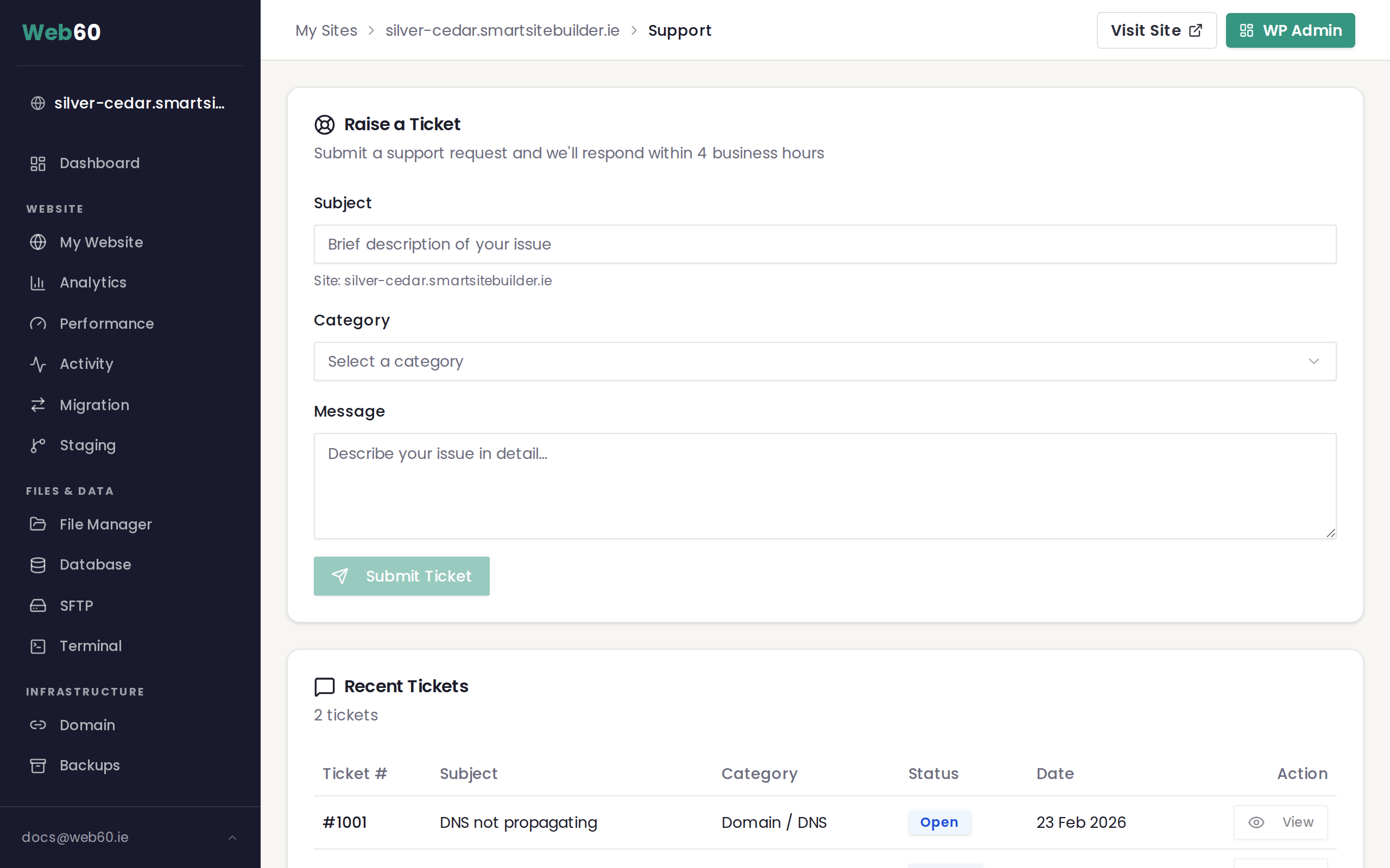 The Support page with the ticket submission form