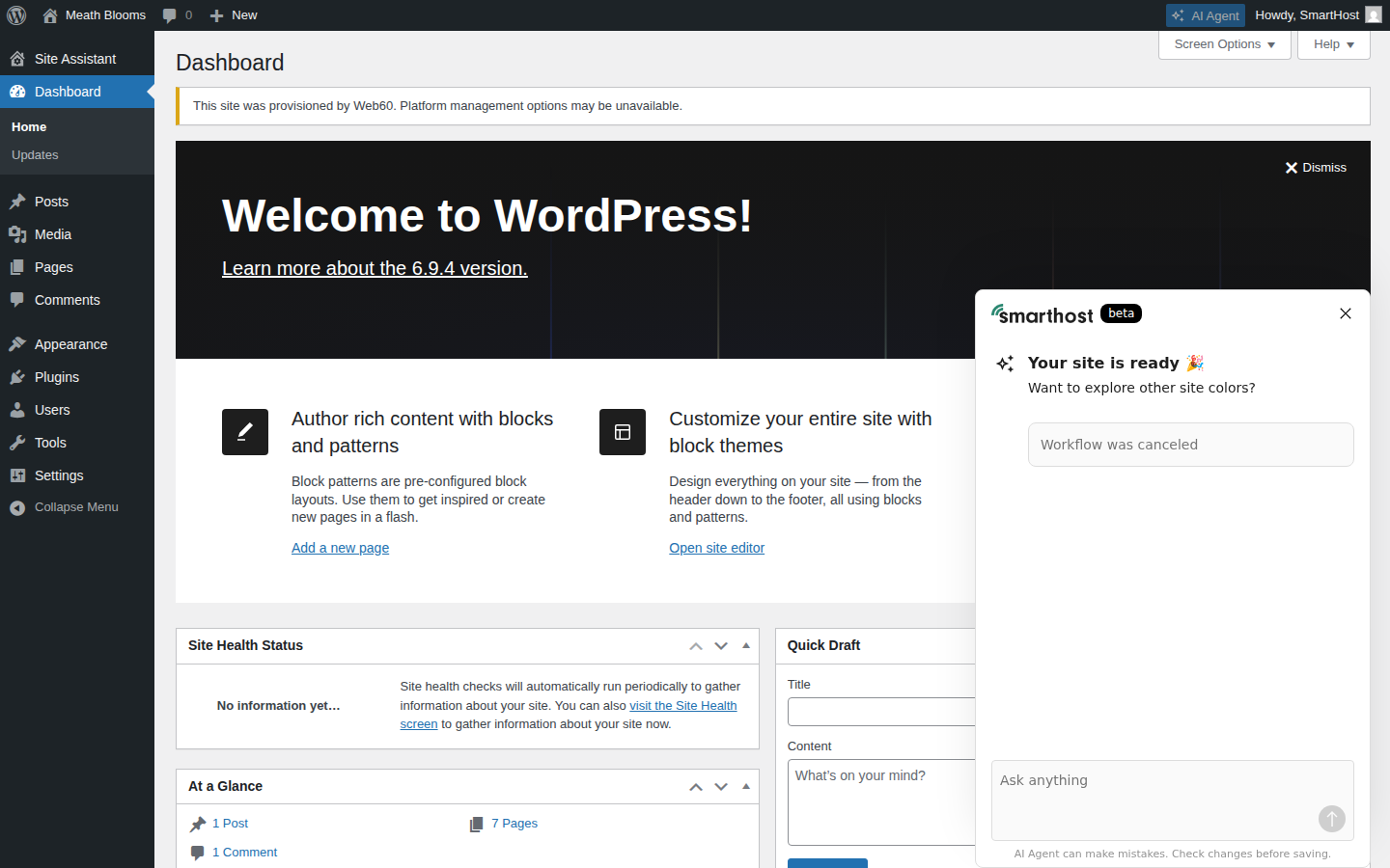 Opening your WordPress editor from your Web60 dashboard