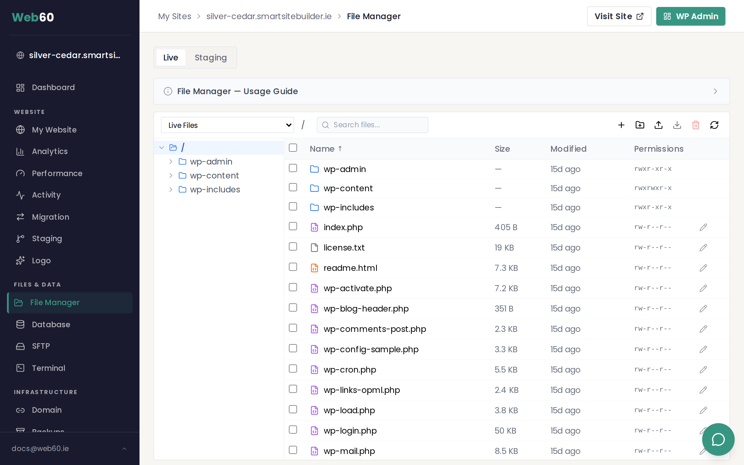 The File Manager showing your website files in live mode