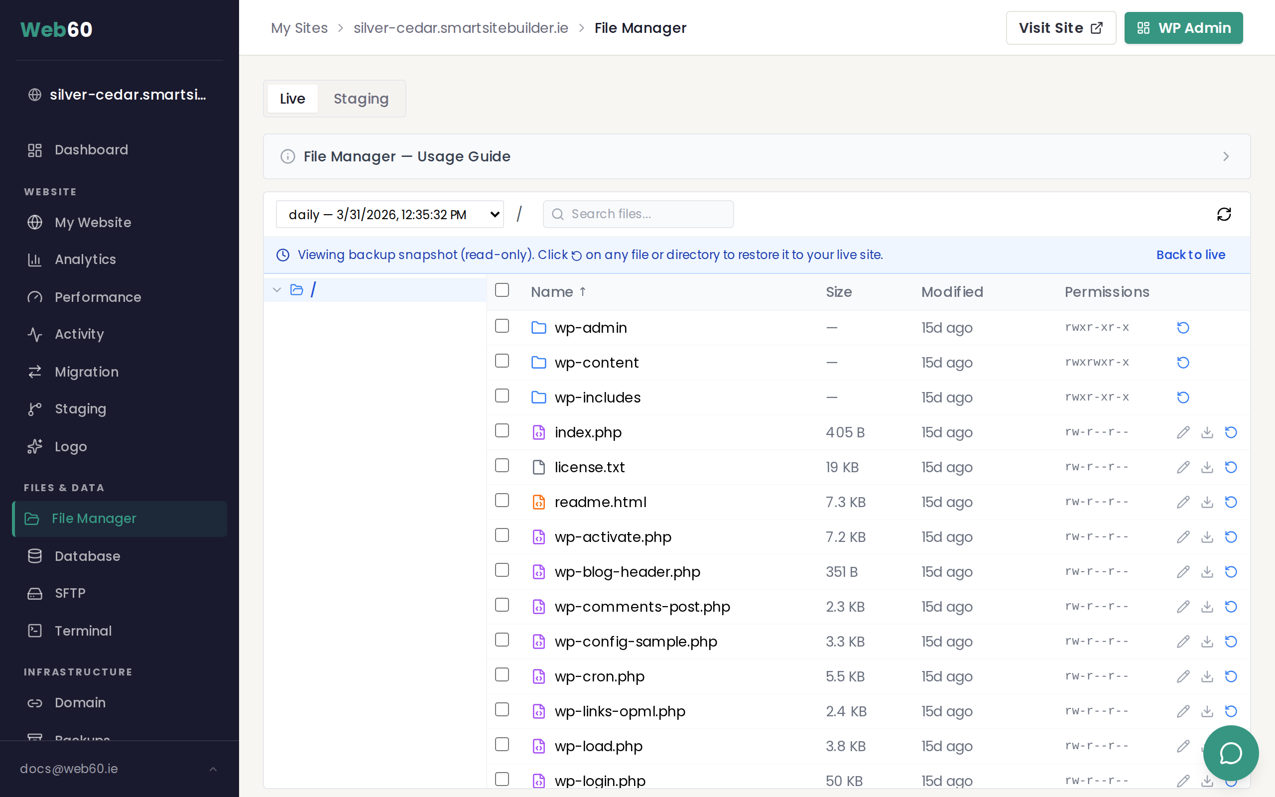 The file manager with a backup snapshot selected, showing the blue read-only banner