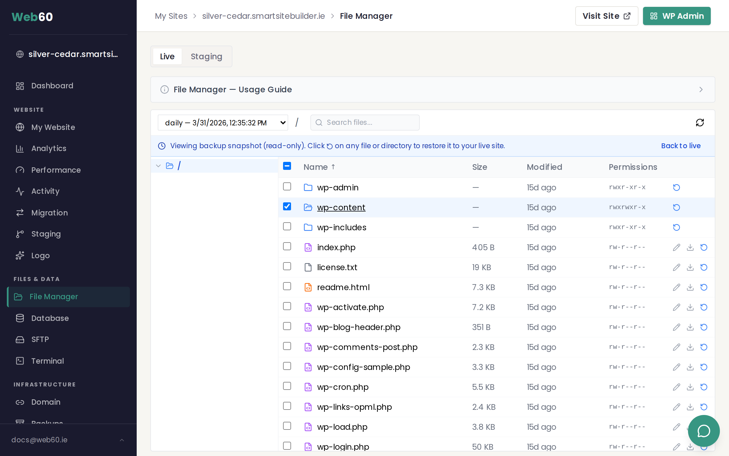 Browsing the wp-content directory inside a backup snapshot