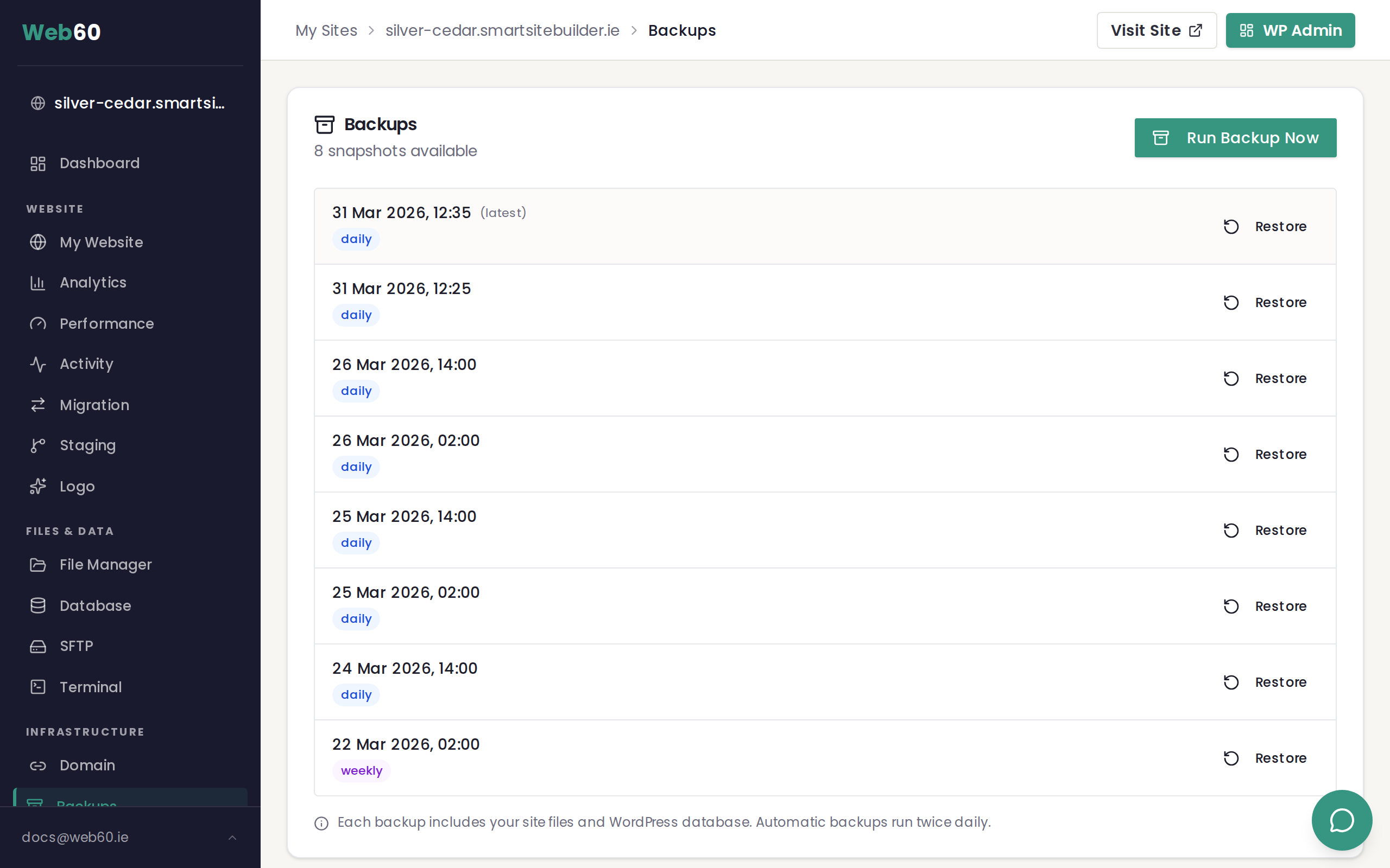The Backups page showing full restore options for each backup snapshot