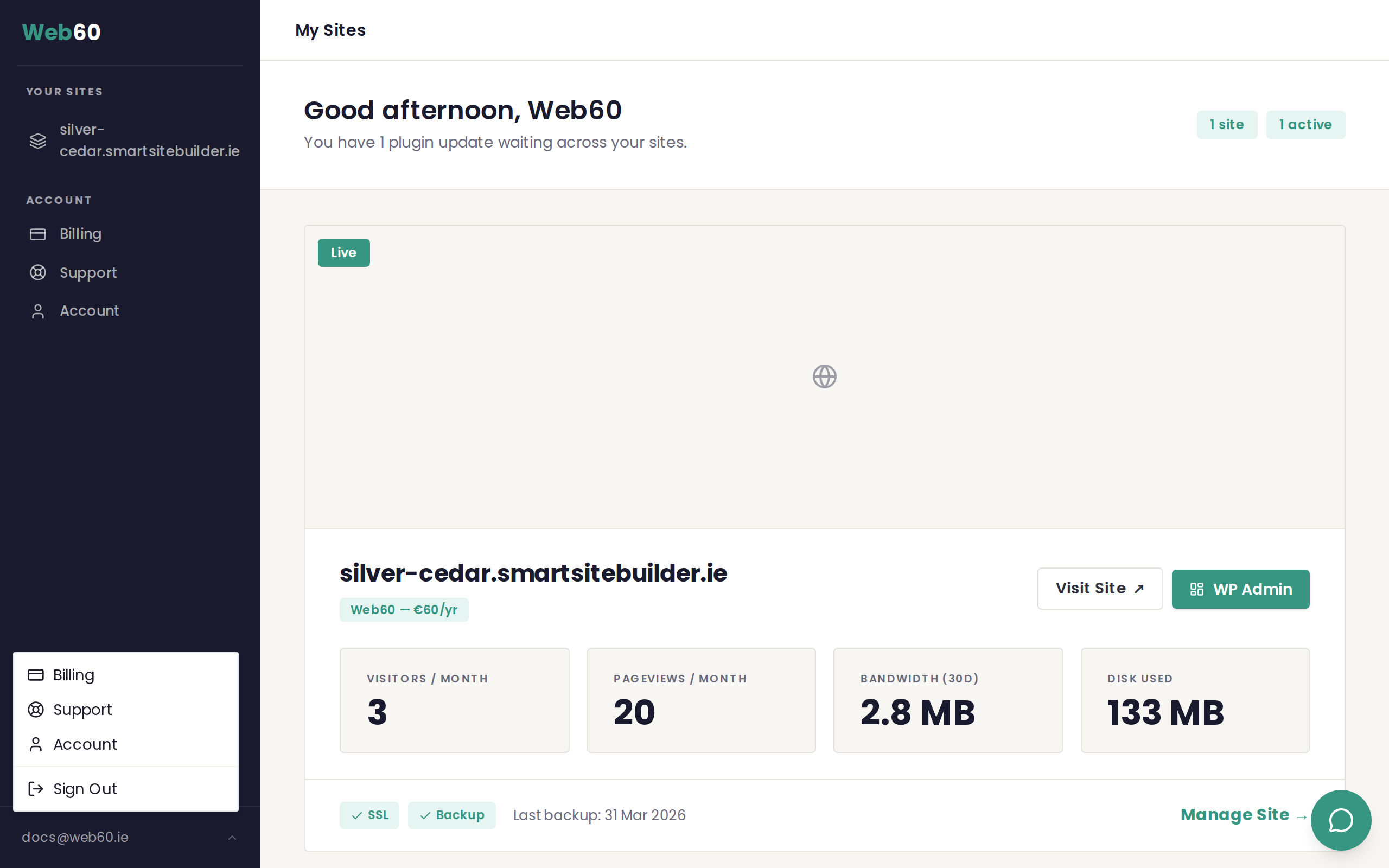 The user menu showing the Sign Out option at the bottom-left of the dashboard