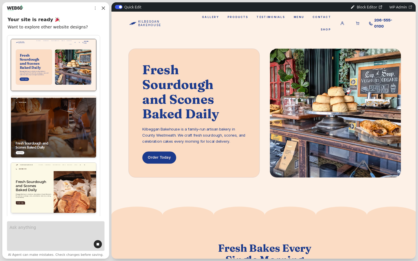 A finished website with other design options on the left