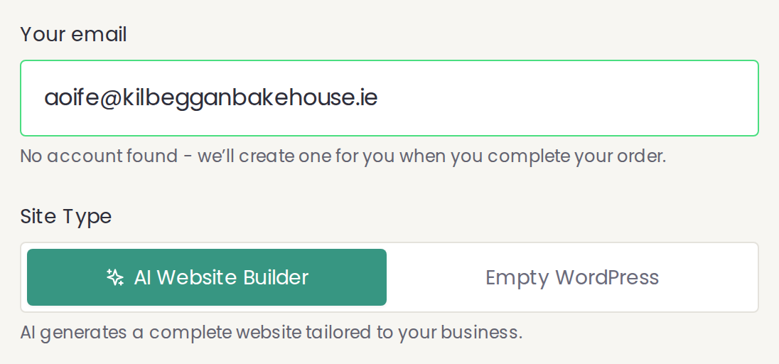 The email field with AI Website Builder selected