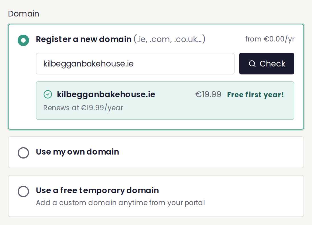 An available .ie domain showing Free first year
