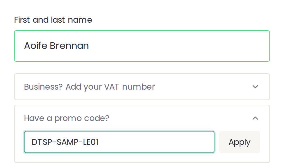 The promo code box with a sample code ready to apply