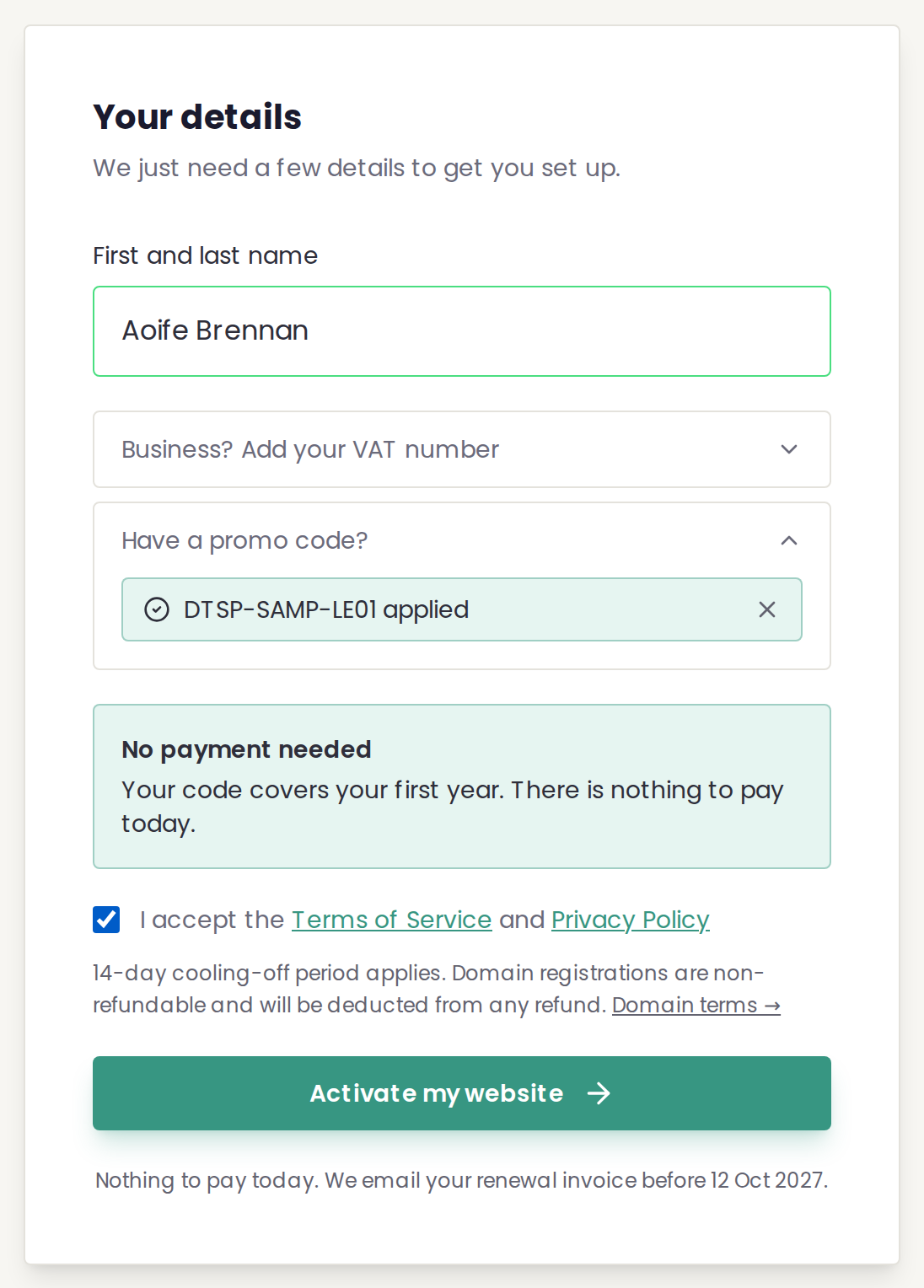 The code applied, No payment needed and the Activate my website button