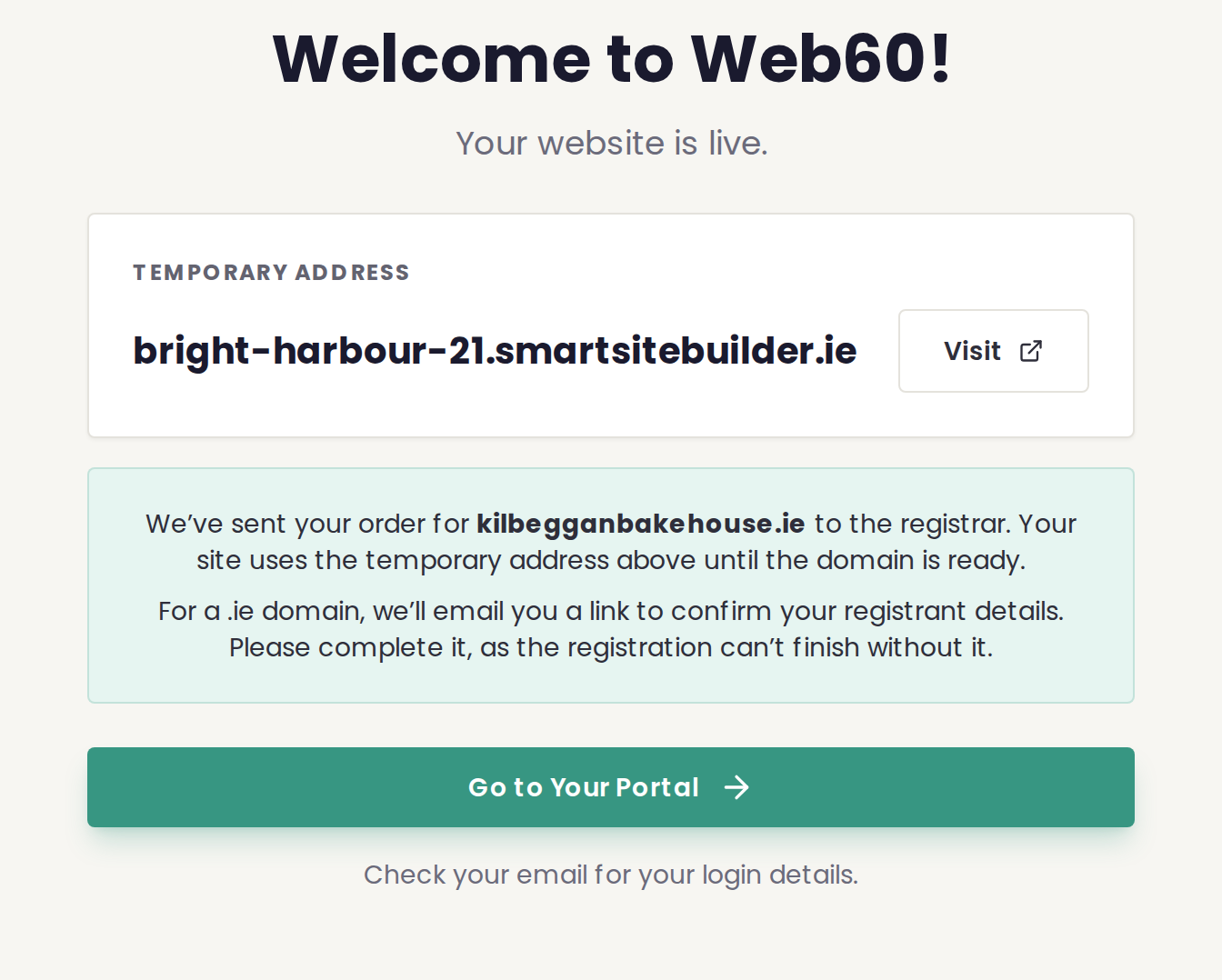 The Welcome to Web60 screen with the temporary address
