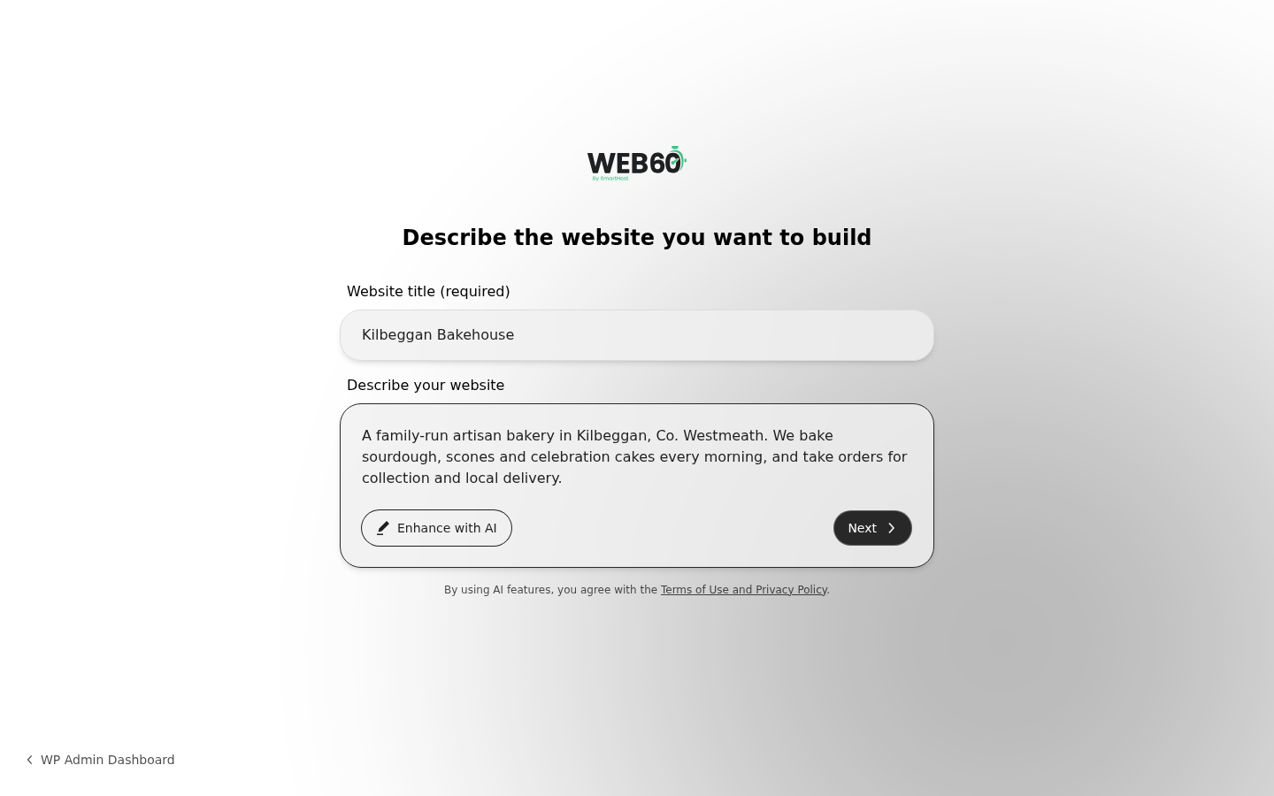 The builder asking for a website title and a description
