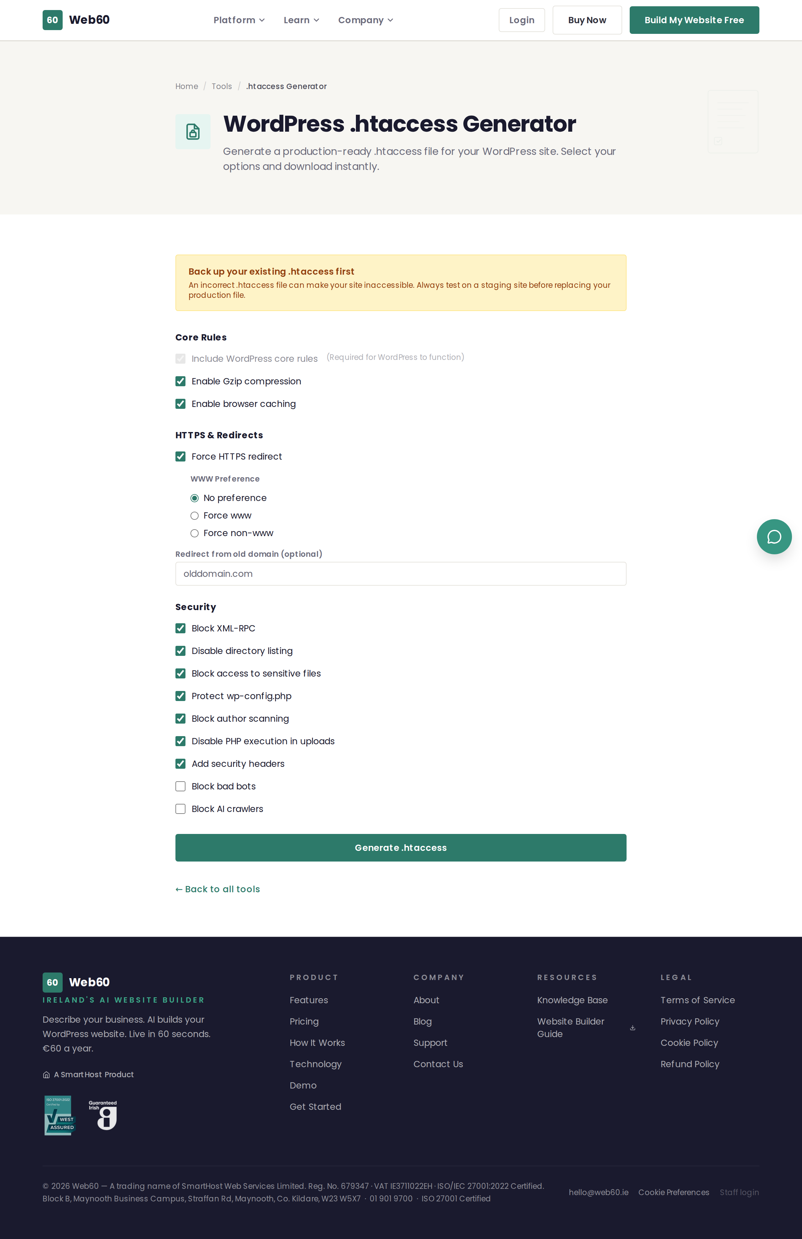The .htaccess Generator showing configuration options for security, caching, and redirects