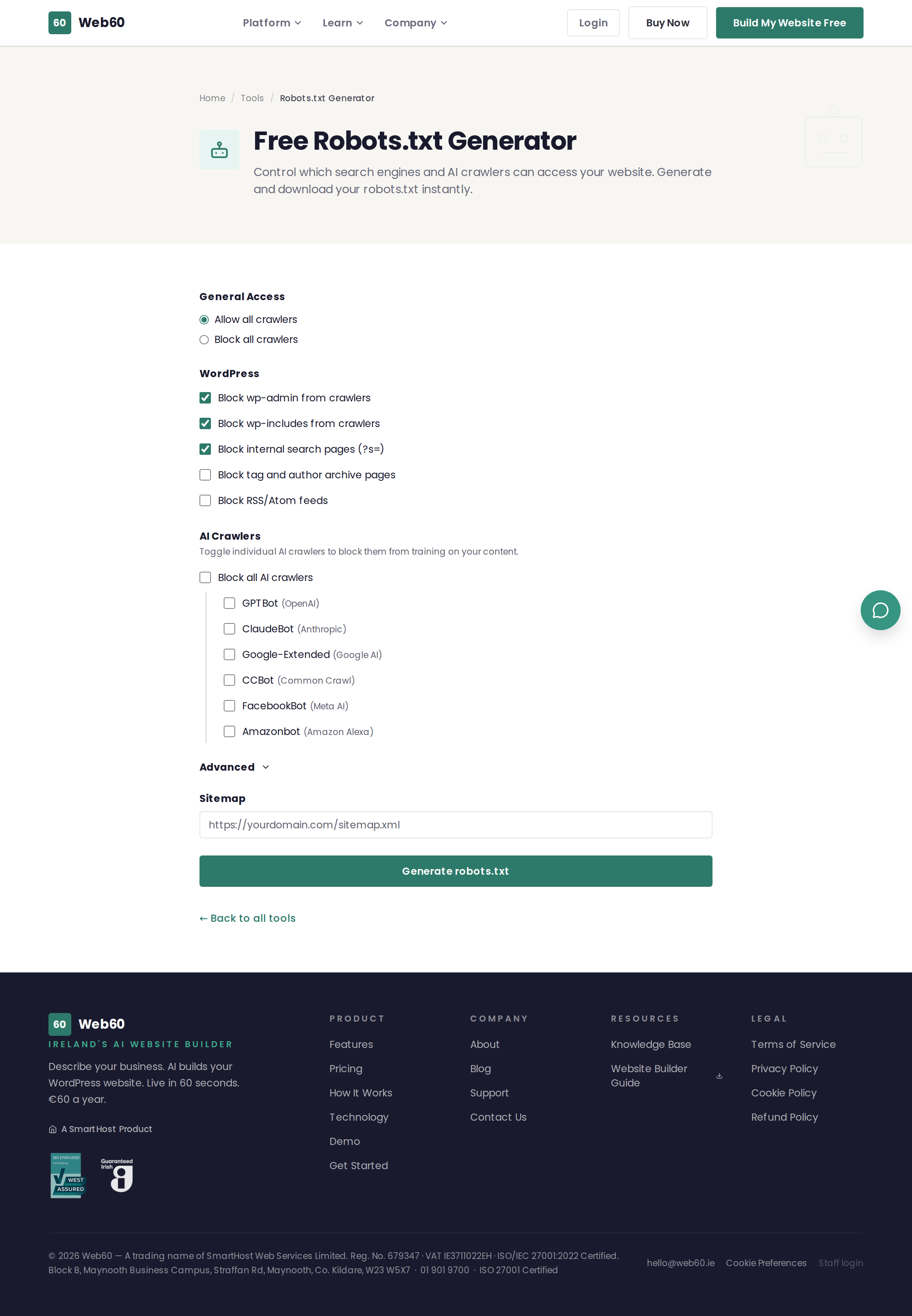 The Robots.txt Generator showing options for search engine and AI crawler control