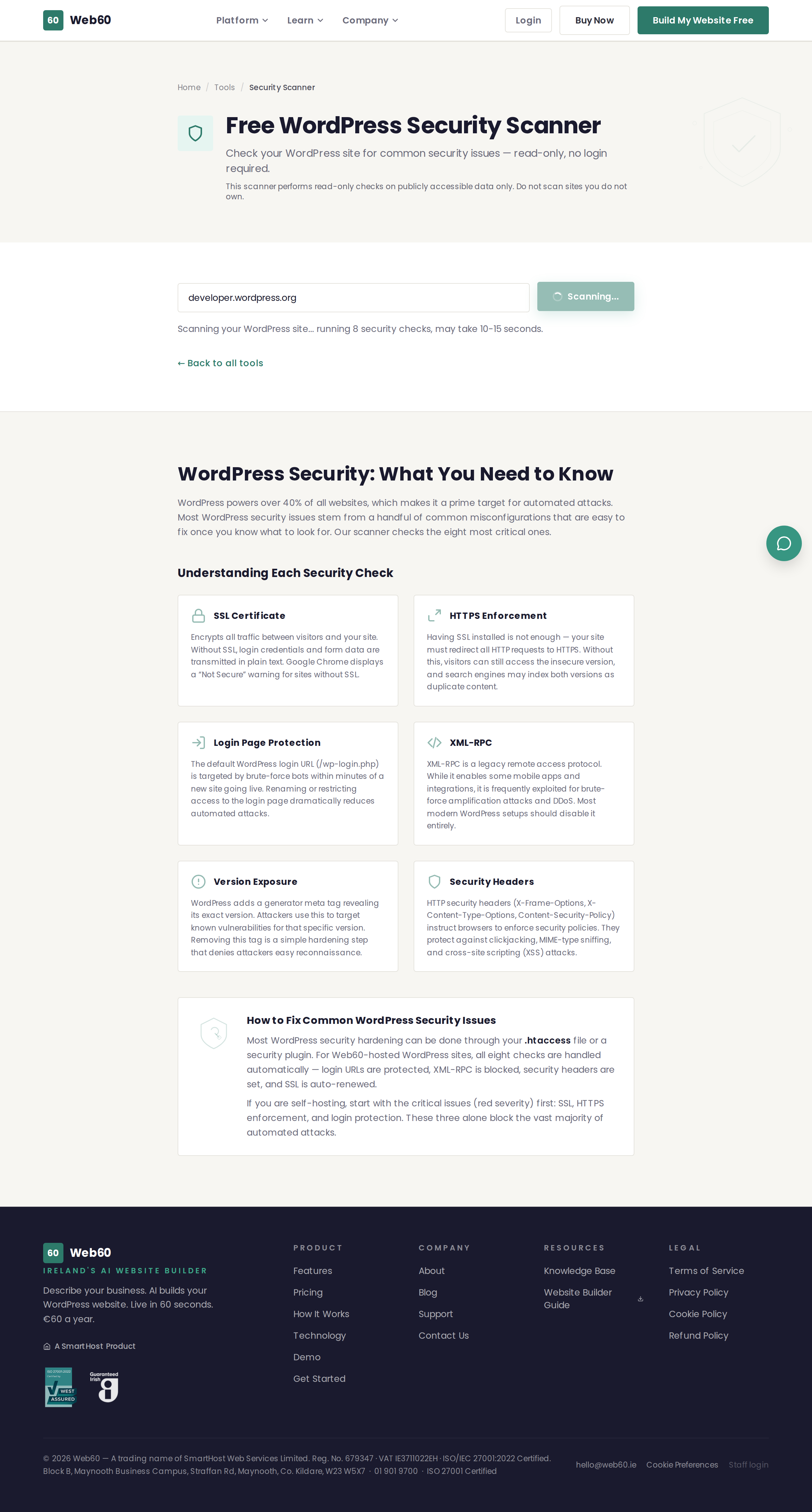 The WordPress Security Scanner showing results with pass and fail indicators for each check