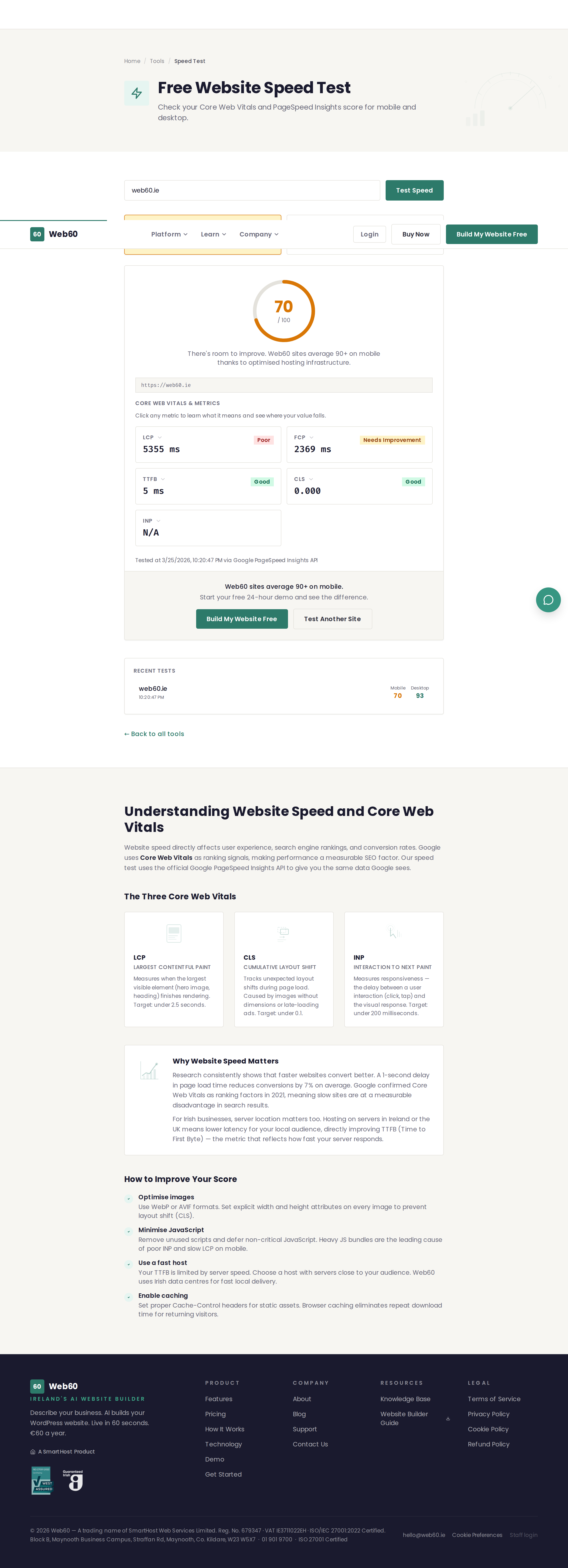 The Website Speed Test showing a performance score with Core Web Vitals metrics