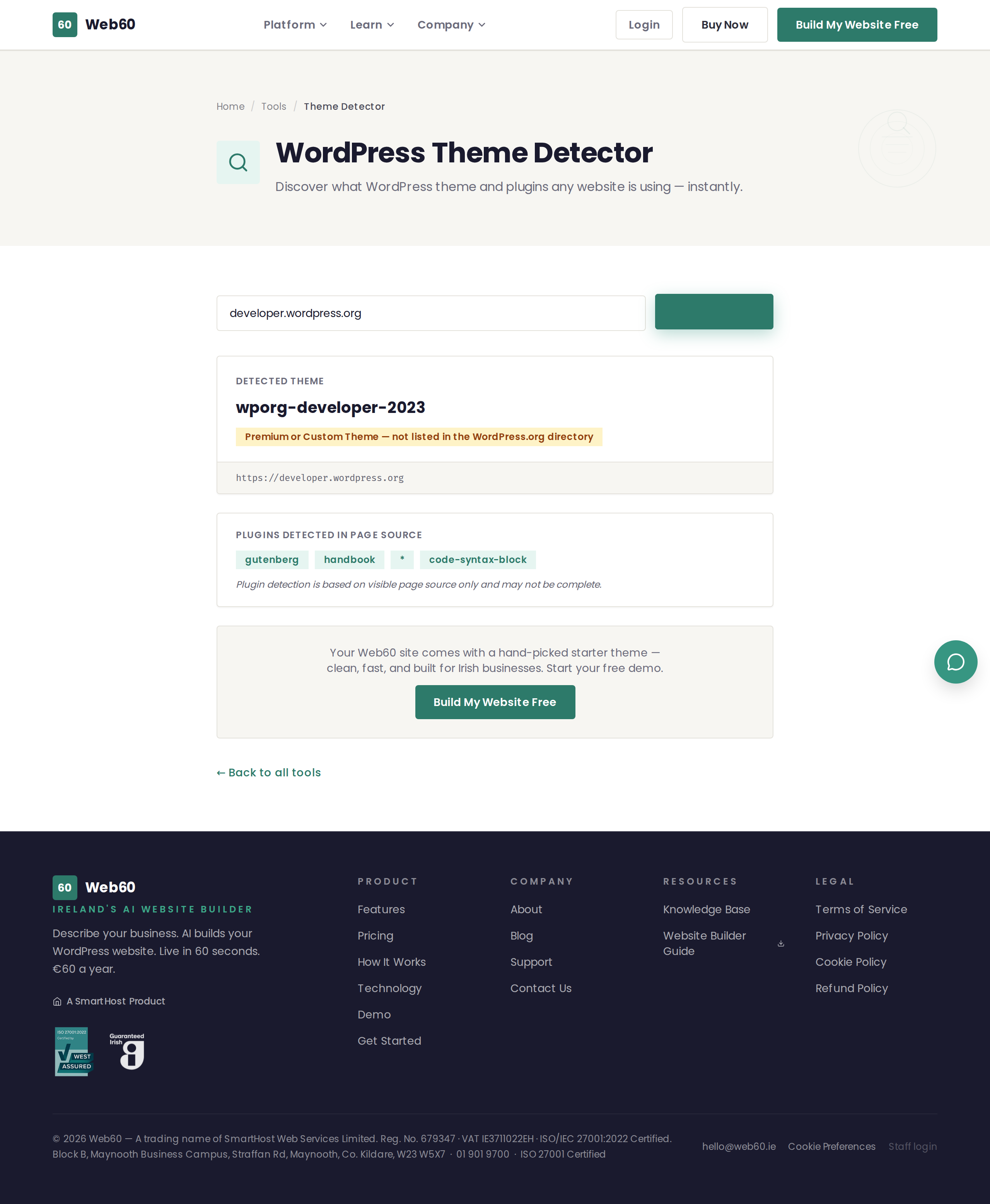The WordPress Theme Detector showing the detected theme name, version, and plugins
