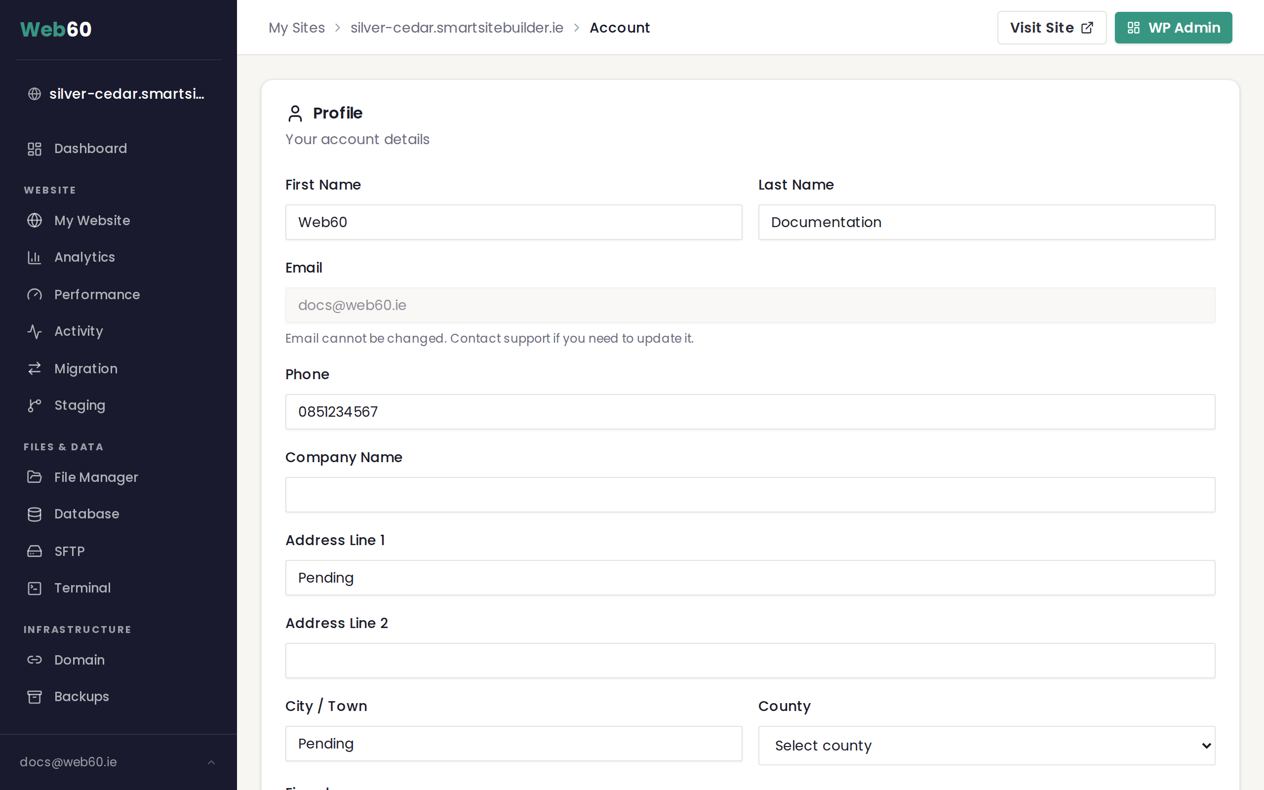 The Account page showing the Profile form